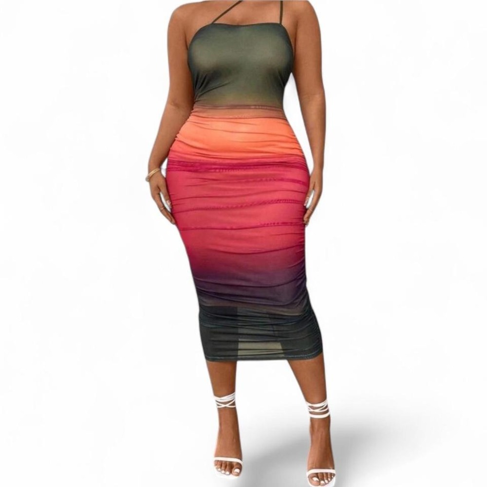 Plus Size Gradient Color Blocking Sleeveless Spaghetti Strap Midi Dress